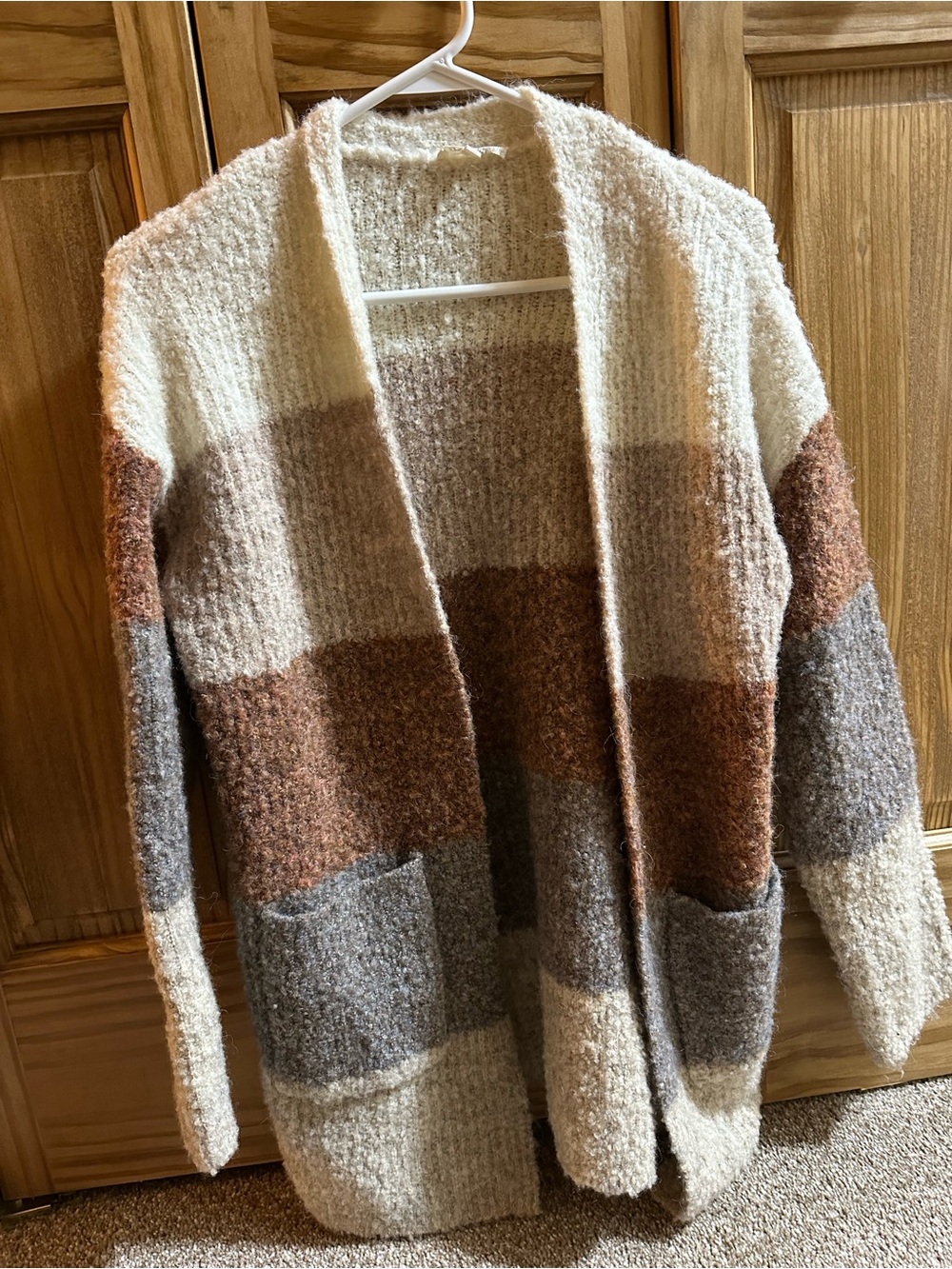 Colorblock Open-Front Cardigan in Cream, Brown & Gray